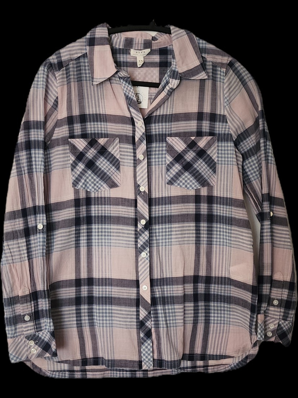 Soft Joie Light Pink and Navy Plaid Button-Up Shirt